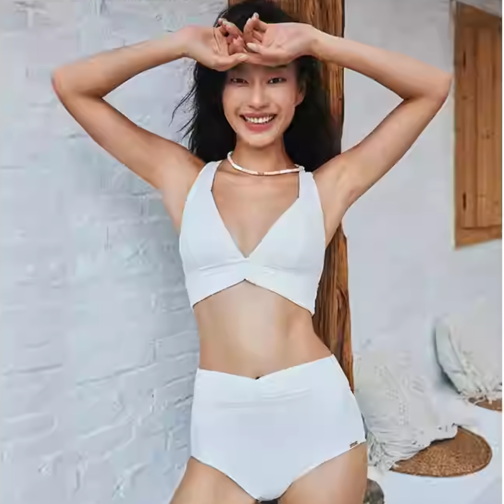 SBSWT23-06A-Women's swimwear featuring a deep V-neck design ,high-waisted split swimsuit and low-waisted bikini