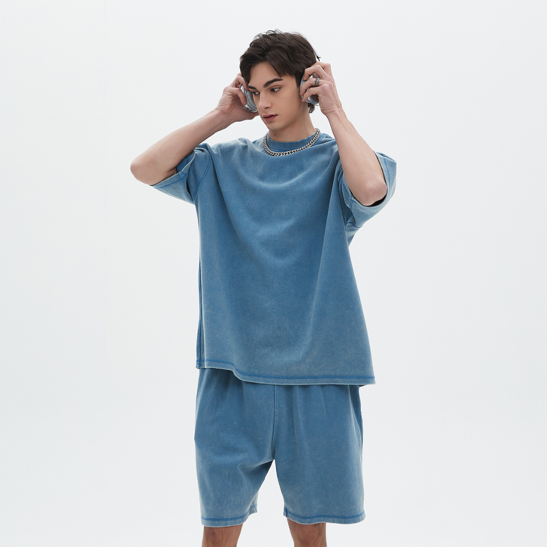 SB9085 - Piqué cotton 400g batik distressed washed round neck short-sleeved T-shirt