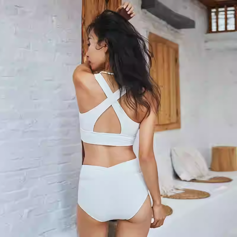 SBSWT23-06A-Women's swimwear featuring a deep V-neck design ，high-waisted split swimsuit  and low-waisted bikini