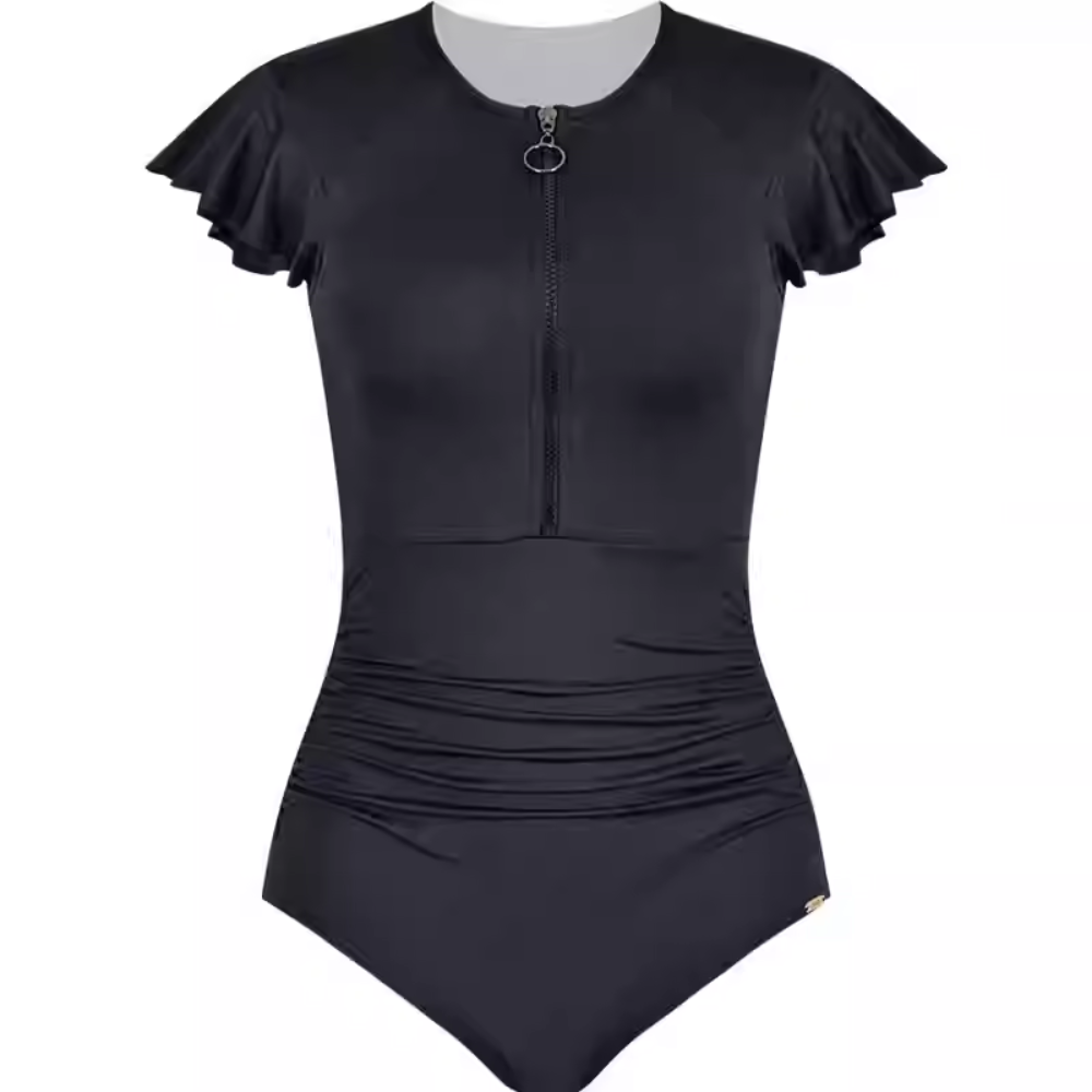 SBSS211W18P7B -Women's stylish black swimsuit with flattering belly design, showcasing European and American curves for a slimming effect.