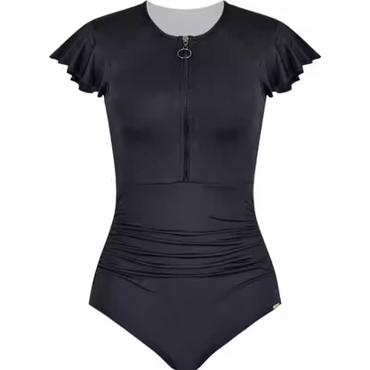 SBSS211W18P7B -Women's stylish black swimsuit with flattering belly design, showcasing European and American curves for a slimming effect.