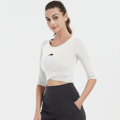 SB1589-sleeved round neck slim fit hollow fitness yoga clothing six-quarter sleeves