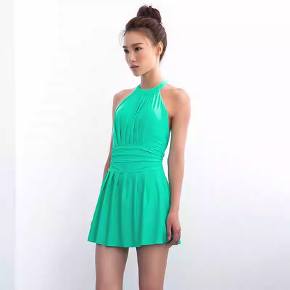 SB82W02P0a -A skirt-style one-piece swimsuit for women, featuring a conservative belly-hiding design that accentuates slimming effects