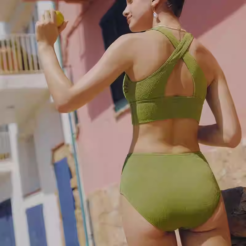 SBSWT25-01A French-style swimsuit for women: sophisticated split design with conservative belly-hiding silhouette for slimming effect